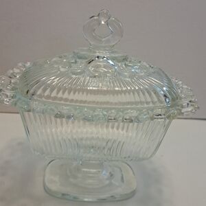 Vintage Indiana glass lace edged footed compote / candy dish 7" tall with lid